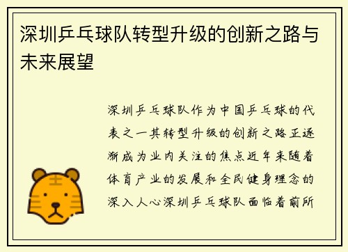 深圳乒乓球队转型升级的创新之路与未来展望