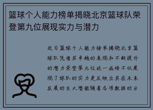 篮球个人能力榜单揭晓北京篮球队荣登第九位展现实力与潜力